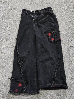Black Distressed Wide Leg Jeans, Red Butterfly Accents, Size XXS